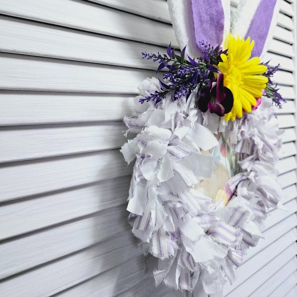 Hand Crafted Easter Bunny Rabbit Fabric Rag Wreath, Purple & White, Bunny Sign - Picture 5 of 9